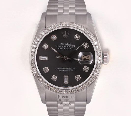 Rolex Men Datejust Stainless Steel 36mm-Gray Baguette Diamond Dial-Diamond Bezel