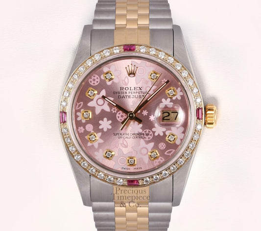 Rolex Datejust 36mm TT/SS 18k Ruby Diamond Bezel-Diamond Pink Floral Motif Dial