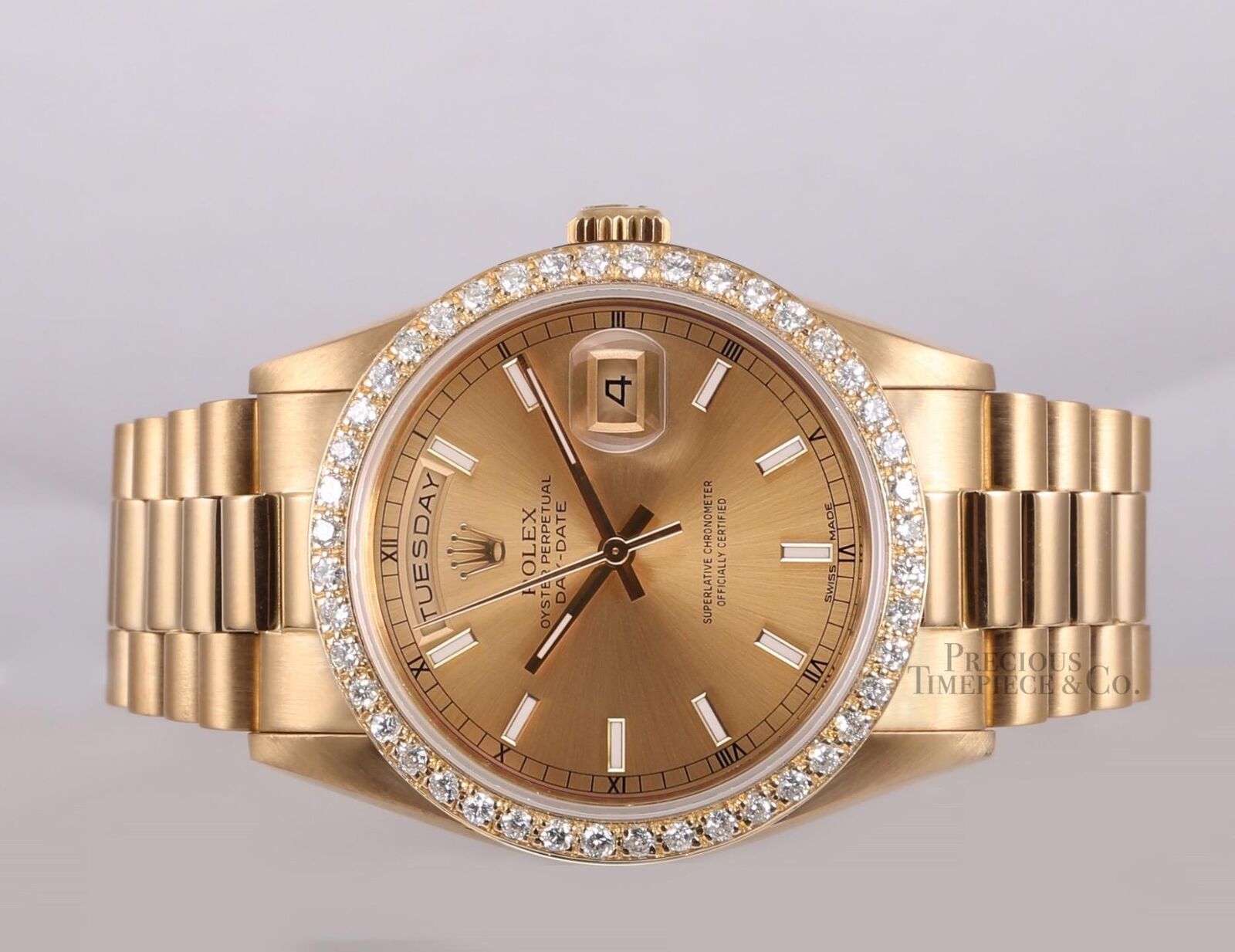 Rolex Day-Date 18038 Presidential 18k Diamond Bezel 36mm-Champagne Stick Dial