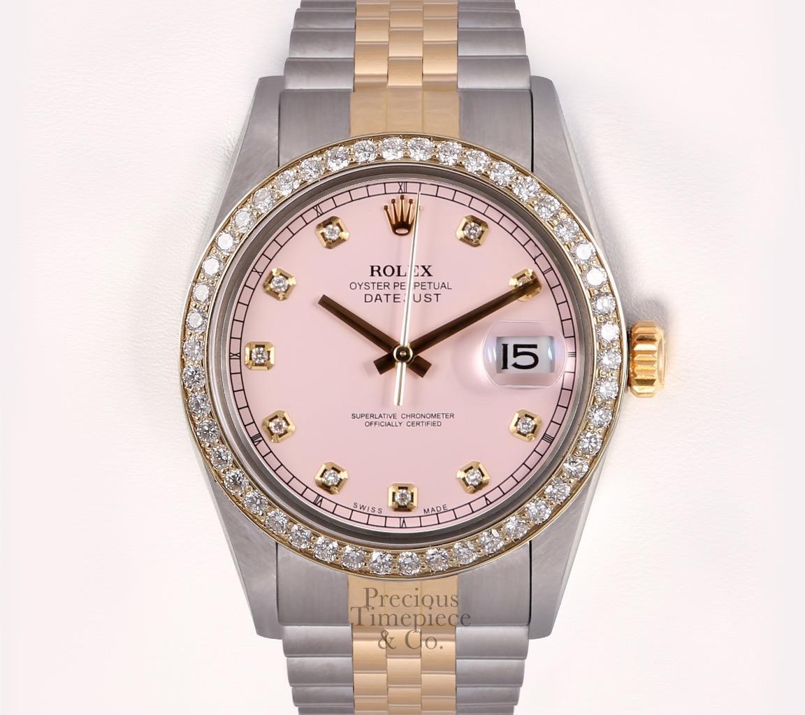 Rolex Datejust Two Tone 36mm Stainless Steel 18k Diamond Bezel Pink Diamond Dial