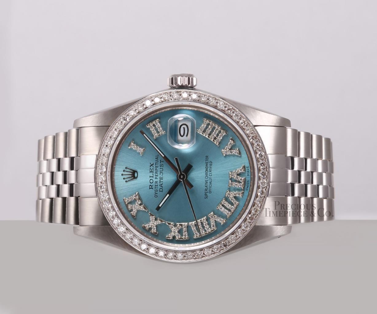 Rolex Datejust Stainless Steel 36mm-Ice Blue Roman Diamond Dial-Diamond Bezel