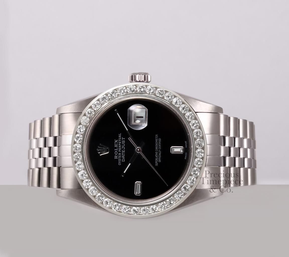 Rolex Datejust SS 36mm Watch-3CT Diamond Bezel-Onyx Baguette Diamond Dial