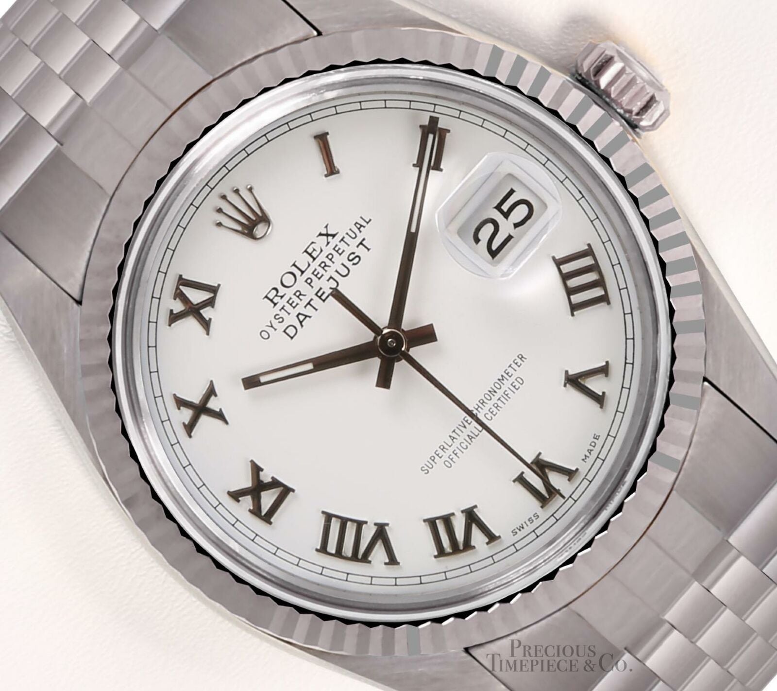 Rolex Men Datejust 36mm Stainless Steel Watch 18k Fluted Bezel-White Roman Dial