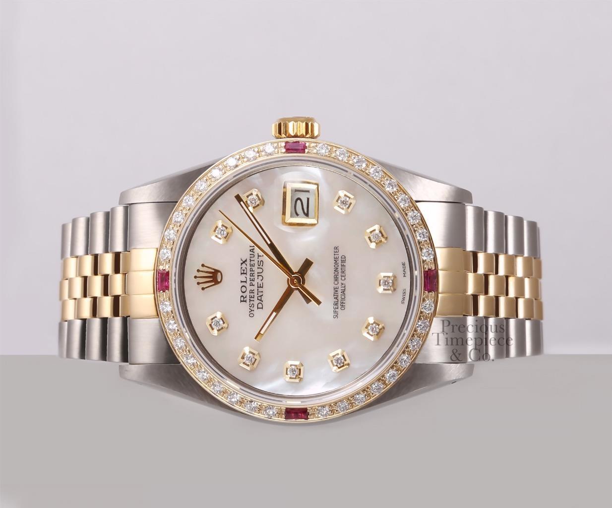 Rolex Datejust 36mm Two Tone Steel 18k Ruby/Diamond Bezel-White Diamond MOP