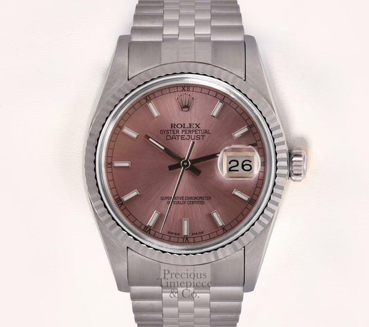 Rolex Men 36mm Datejust Stainless Steel 18k Fluted Bezel Watch-Pink Stick Dial