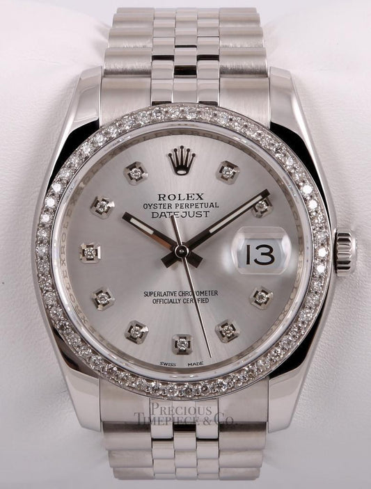 Rolex Men Datejust SS 36mm Jubilee-Diamond Bezel-Silver Diamond Dial