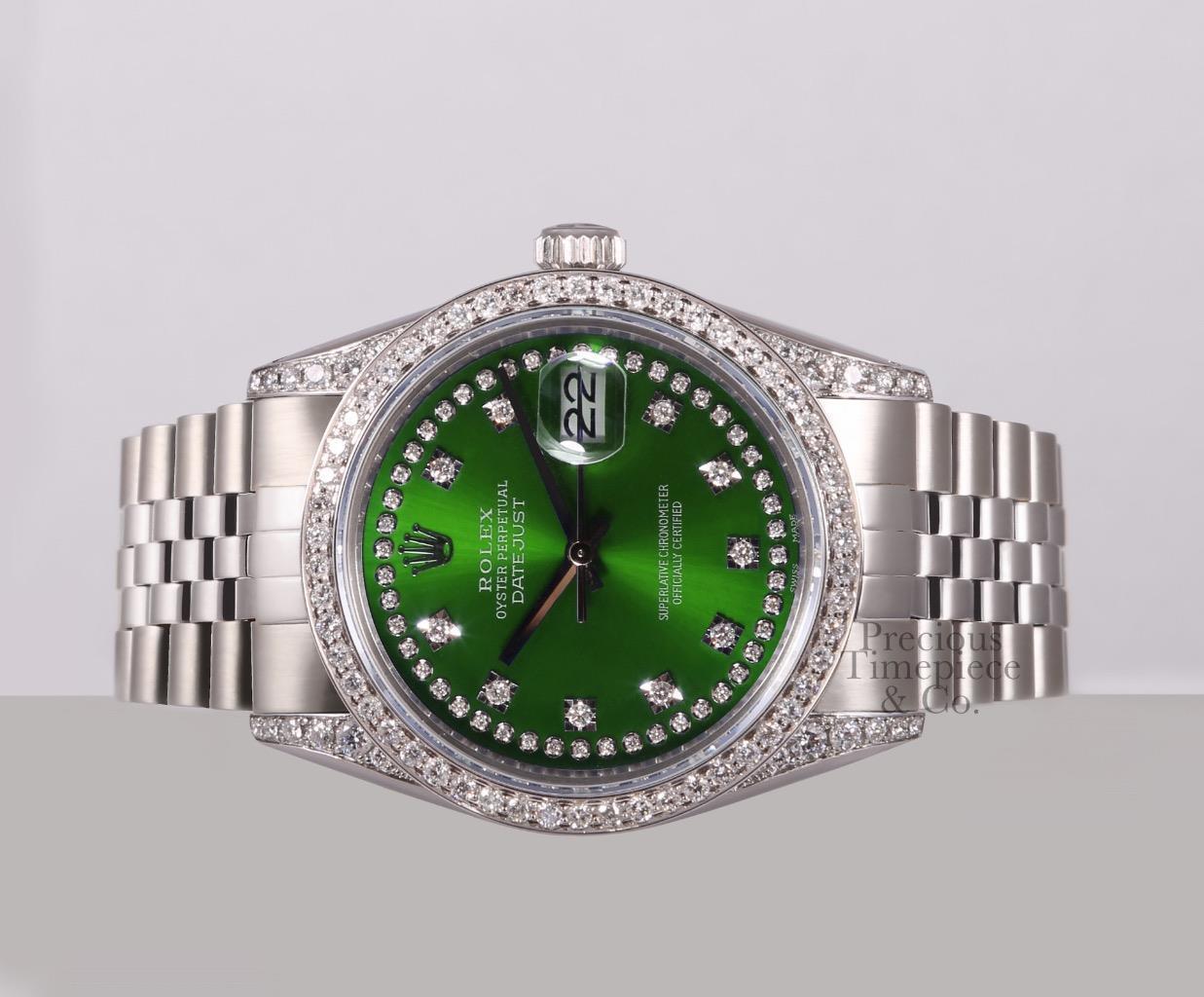 Rolex Datejust S/Steel 36mm-Green String Diamond Dial-Diamond Lugs-Diamond Bezel