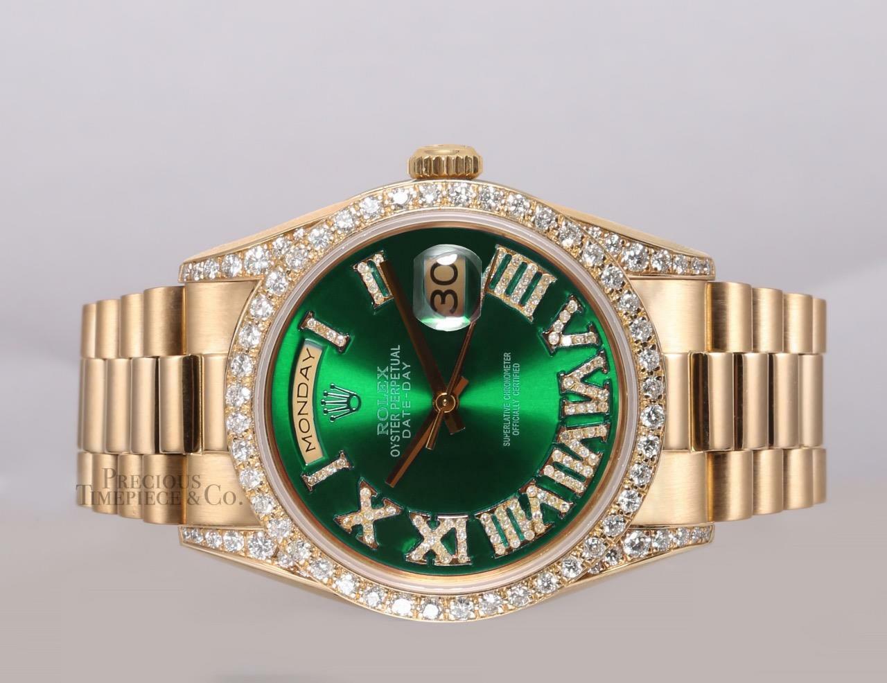 Rolex President Day-Date 18238-Diamond Bezel-Green Diamond Roman-Diamond Lugs