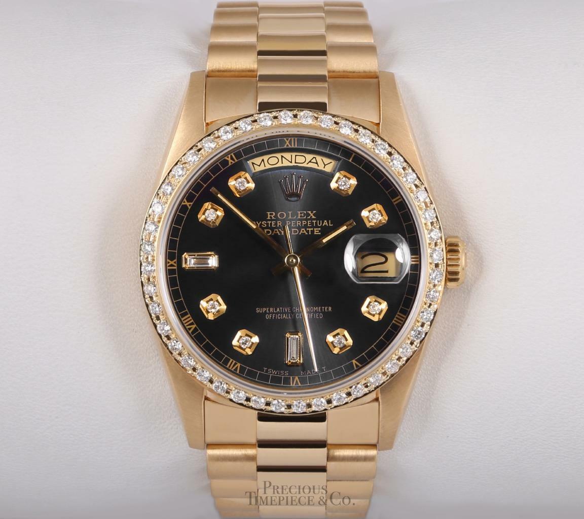 Rolex Day-Date 18k Gold 18238 President-Gray Baguette Diamond Dial-Diamond Bezel