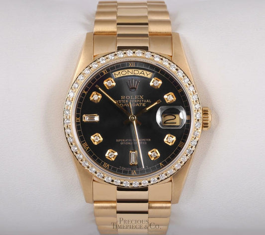 Rolex Day-Date 18k Gold 18238 President-Gray Baguette Diamond Dial-Diamond Bezel