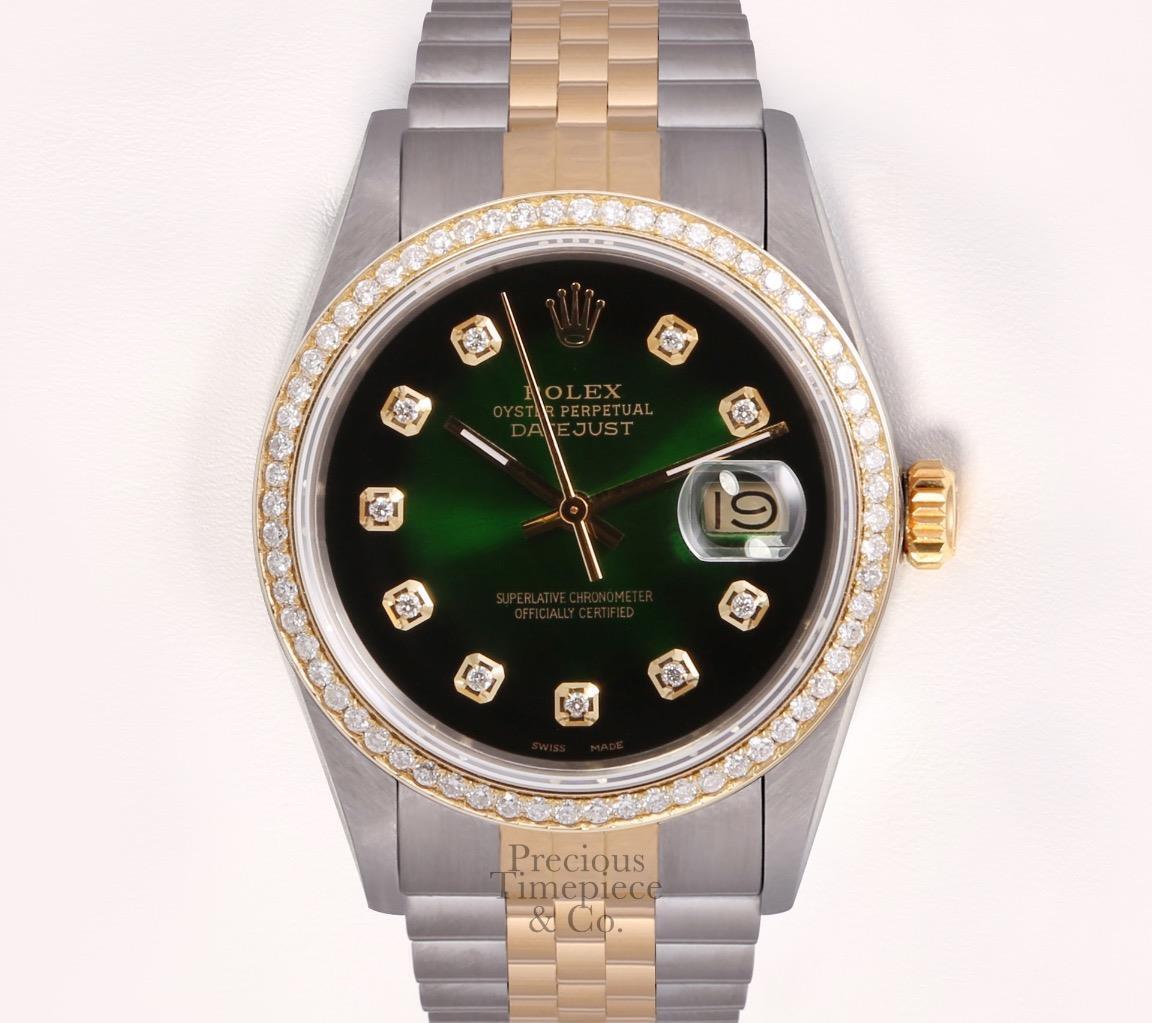 Rolex Datejust Two Tone 36mm Steel 18k Diamond Bezel-Green Vignette Diamond Dial