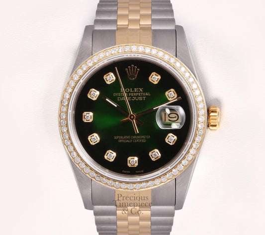 Rolex Datejust Two Tone 36mm Steel 18k Diamond Bezel-Green Vignette Diamond Dial