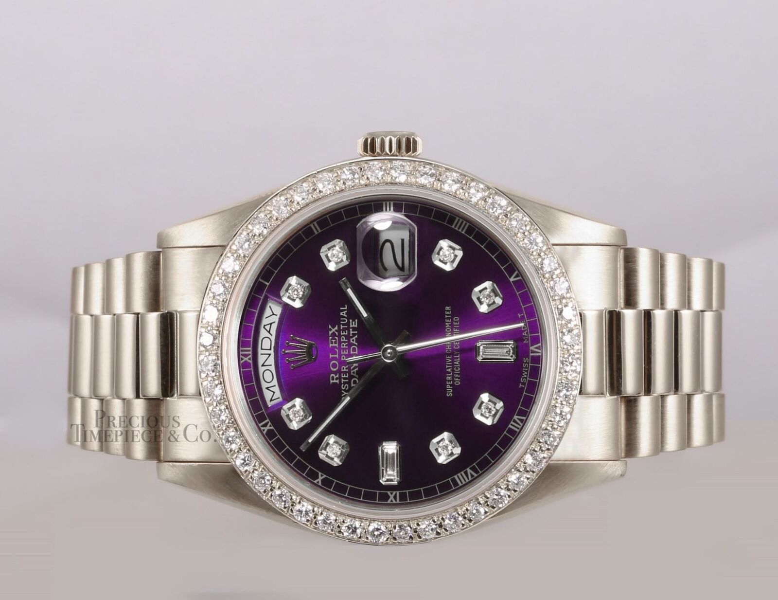 Rolex Day-Date 18239 Presidential 18k White Gold 36mm-Purple Dial-Diamond Bezel