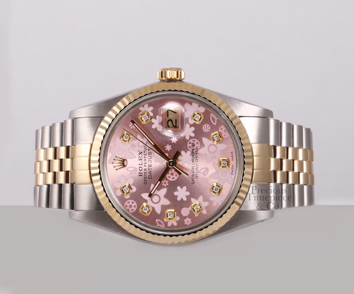 Rolex Men Datejust 36mm Two Tone 18k Fluted-Diamond Pink Floral Motif Dial