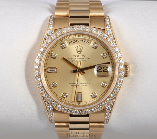 Rolex Day Date 36mm President 18k-Champagne Diamond Dial-Diamond Lugs & Bezel