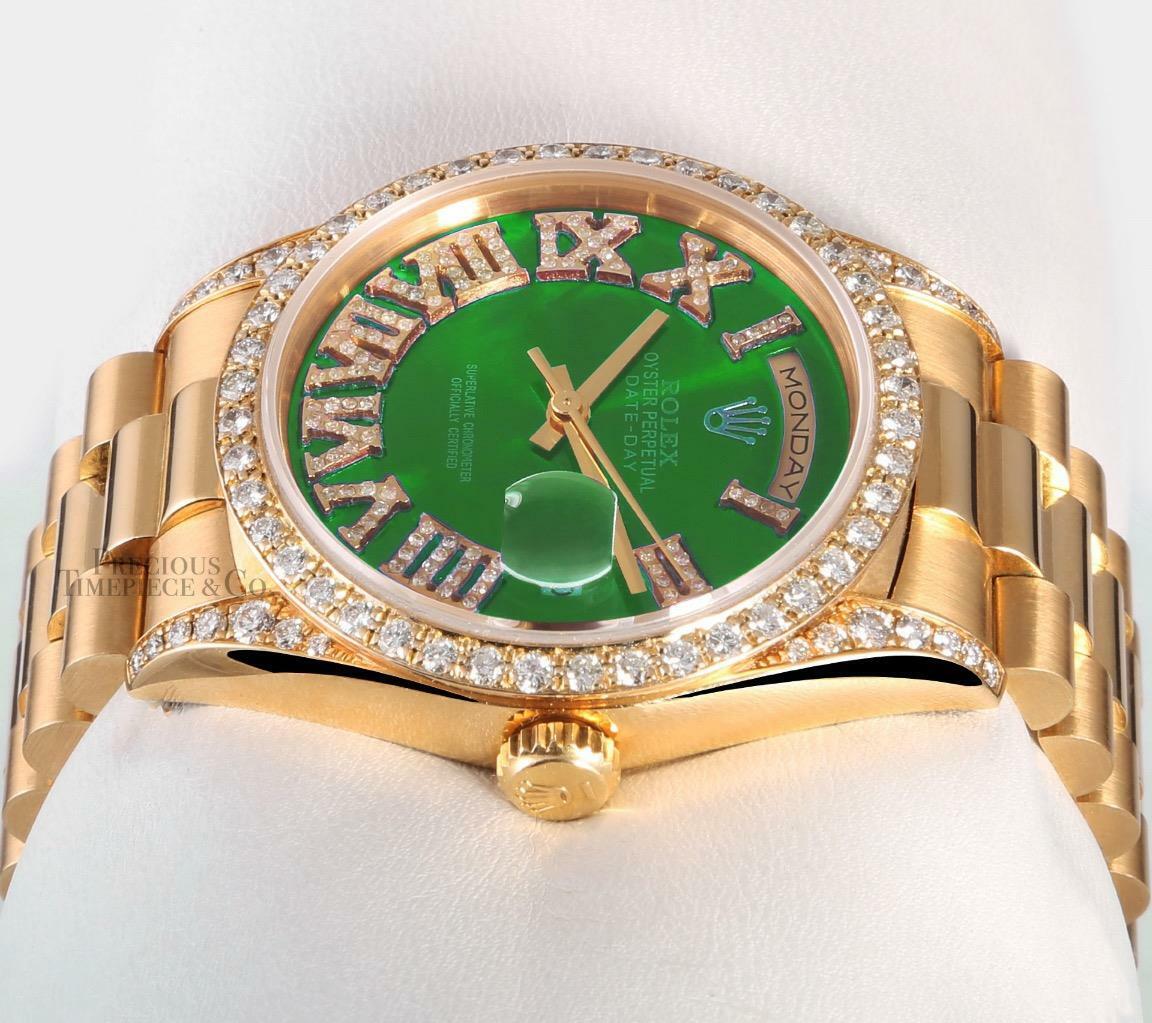 Rolex President Day-Date 18038-Diamond Bezel-Green Diamond Roman-Diamond Lugs