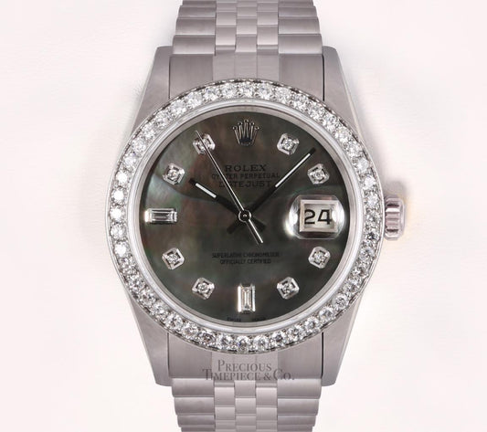 Rolex Datejust 36mm SS Watch 1.6CT Diamond Bezel-Black MOP Baguette Dial