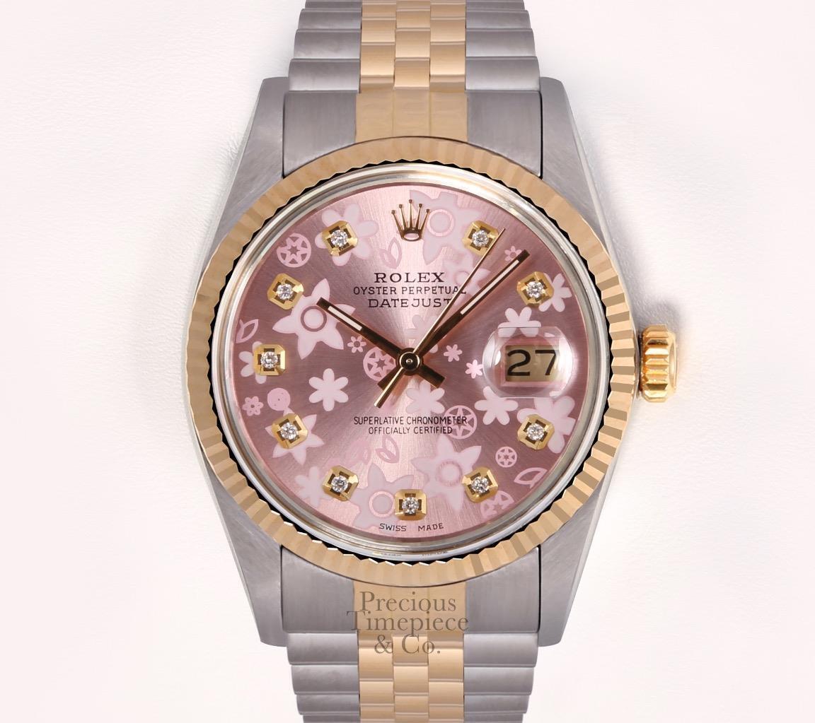 Rolex Men Datejust 36mm Two Tone 18k Fluted-Diamond Pink Floral Motif Dial