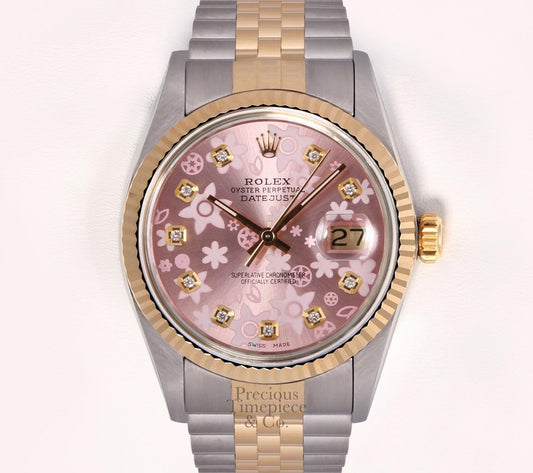 Rolex Men Datejust 36mm Two Tone 18k Fluted-Diamond Pink Floral Motif Dial