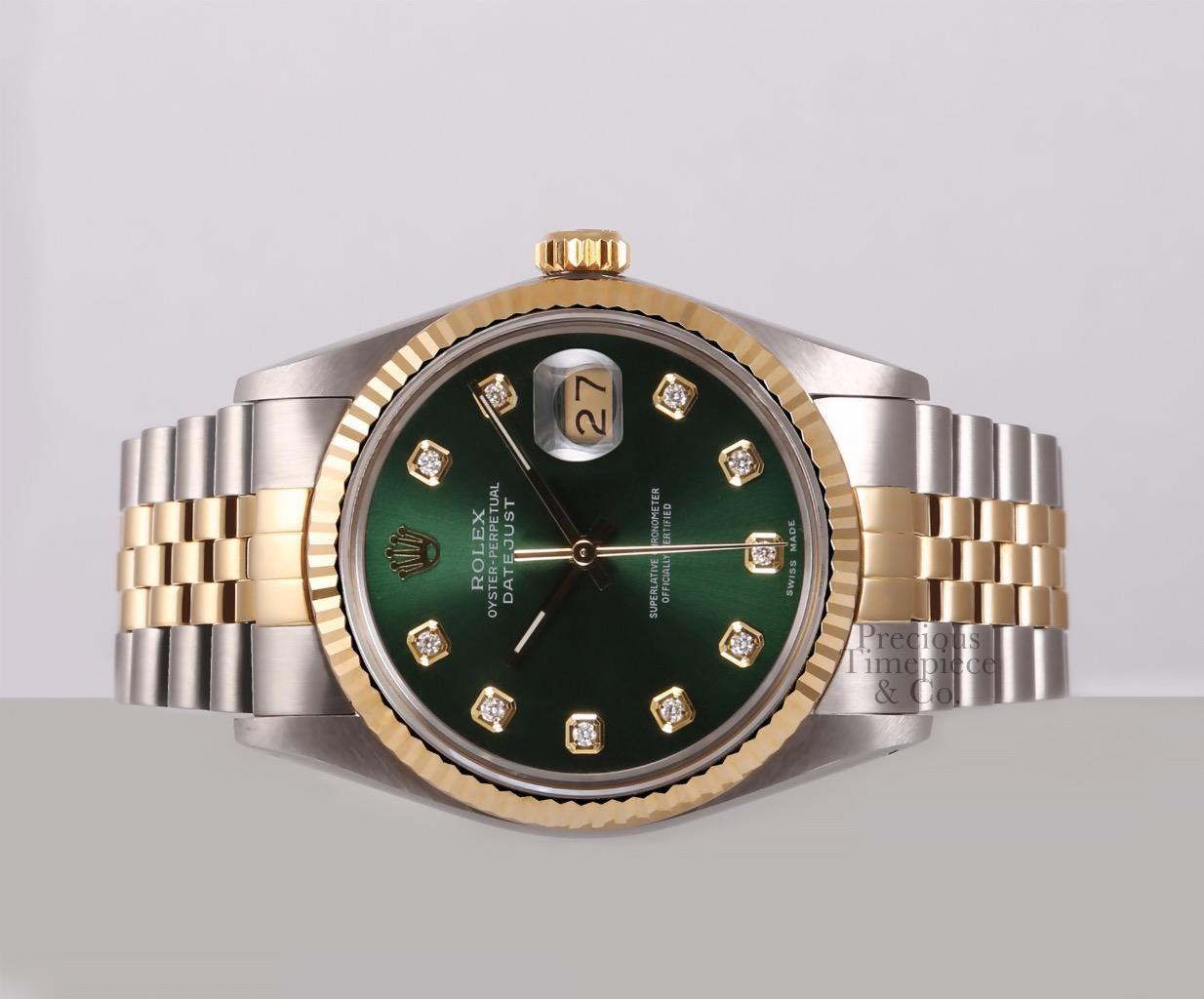 Rolex Men Datejust Two Tone 36mm Steel-18k Fluted Bezel-Green Diamond Dial