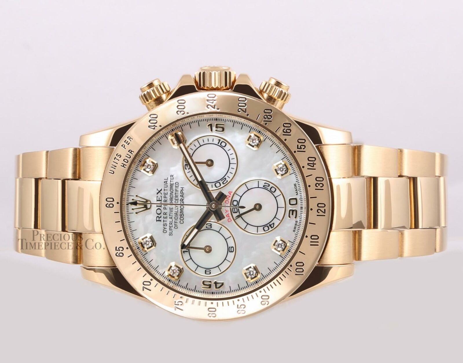 Rolex Men 40mm Daytona 116528 18k Yellow Gold Chronograph-White MOP Diamond Dial