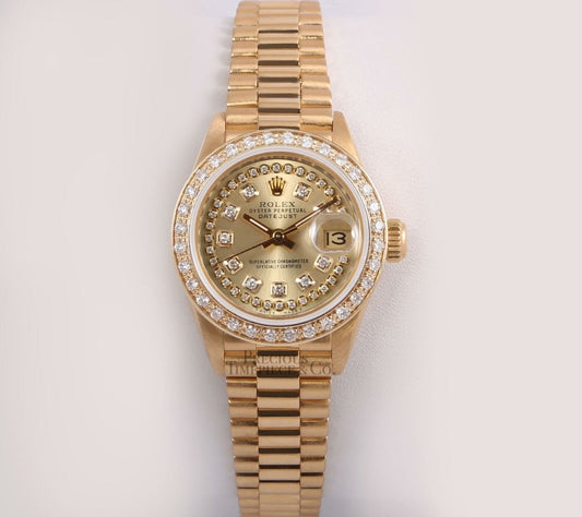 Rolex Lady President 18k Gold 26mm-Champagne String Diamond Dial-Diamond Bezel