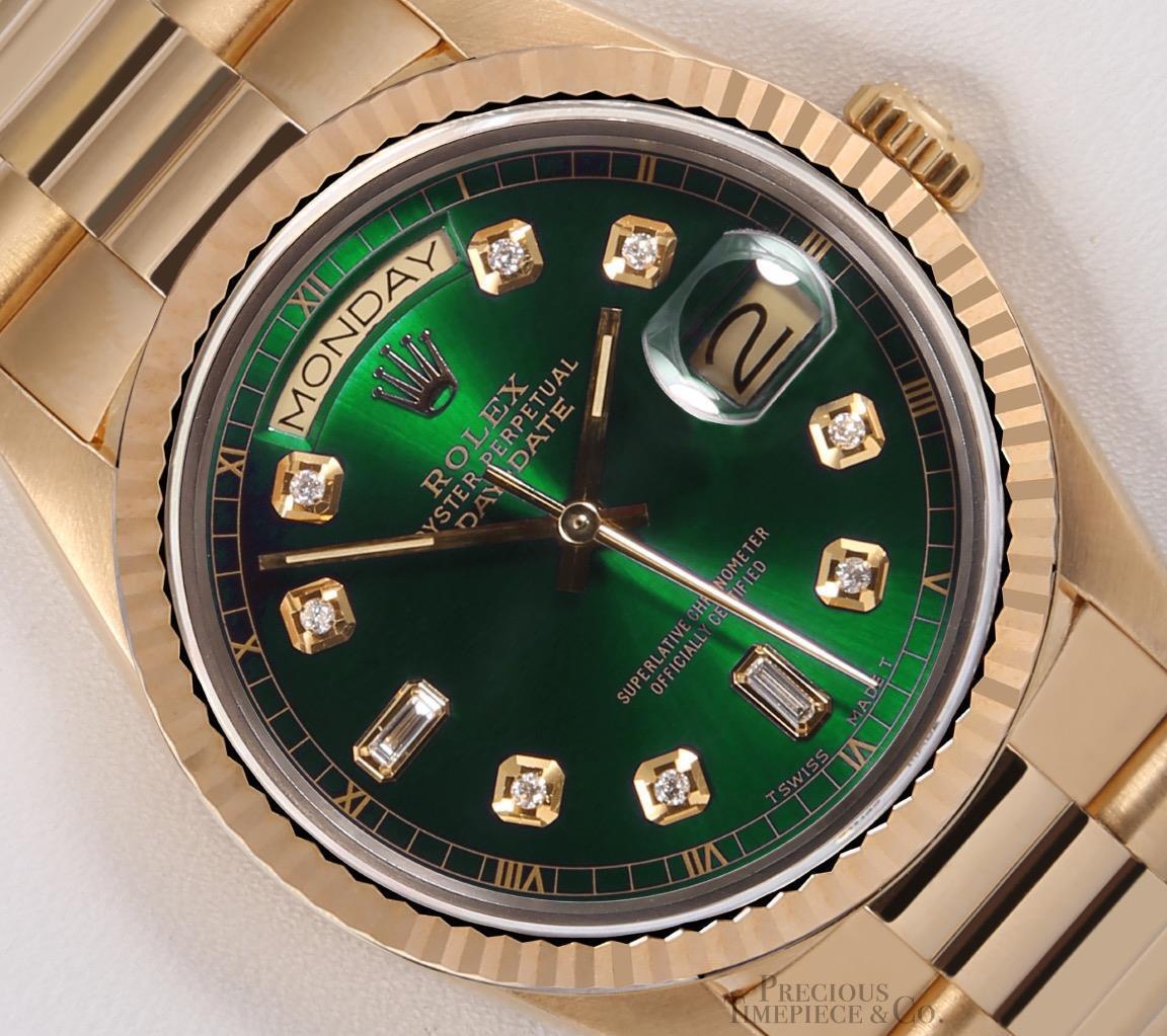 Rolex Day-Date President Solid 18k Gold 18038 Watch -Baguette Diamond Green Dial