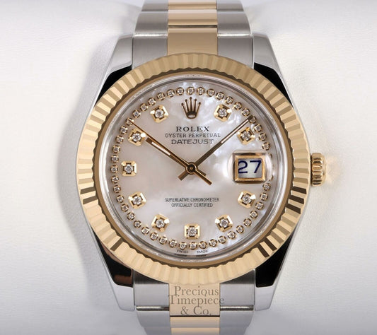 Rolex Men Datejust II 41mm Oyster 116333 18k TT White MOP String Diamond Dial