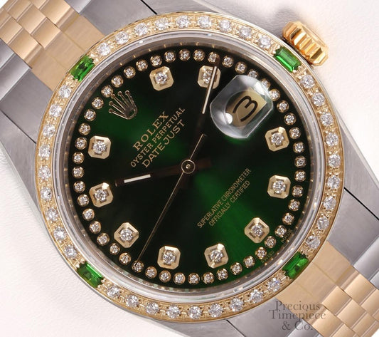 Rolex Datejust 36mm Two Tone 18k Emerald Diamond Bezel Green String Diamond Dial