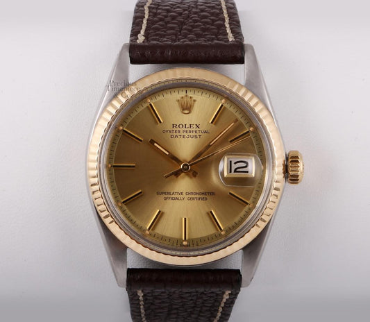 Vintage Rolex Datejust 1601-Champagne Dial-18k Fluted Bezel-Brown Leather Strap