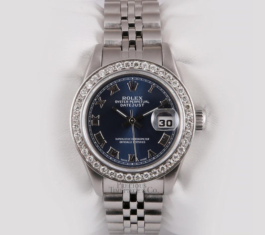 Rolex Ladies Datejust 26mm Stainless Steel Watch-Navy Roman Dial-Diamond Bezel