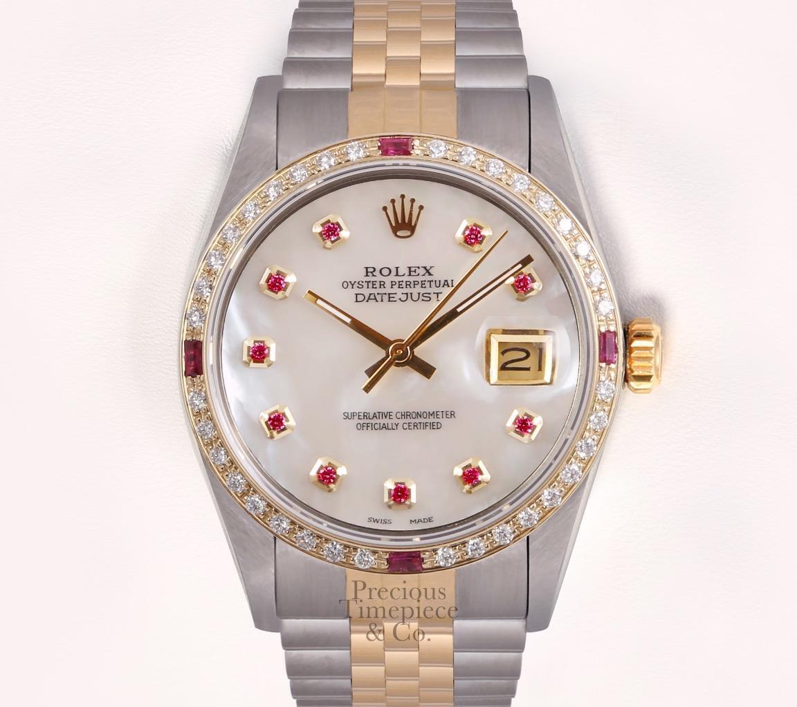 Rolex Datejust Two Tone 36mm 18k Ruby Diamond Bezel-White MOP Ruby Dial-Watch