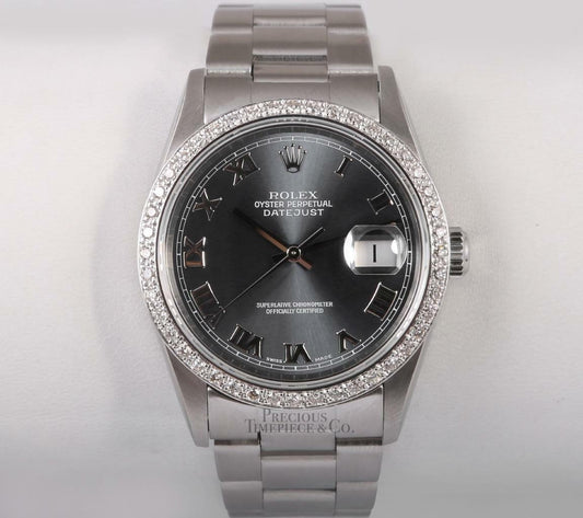 Rolex Datejust Stainless Steel 36mm Oyster Watch-Gray Roman Dial-Diamond Bezel