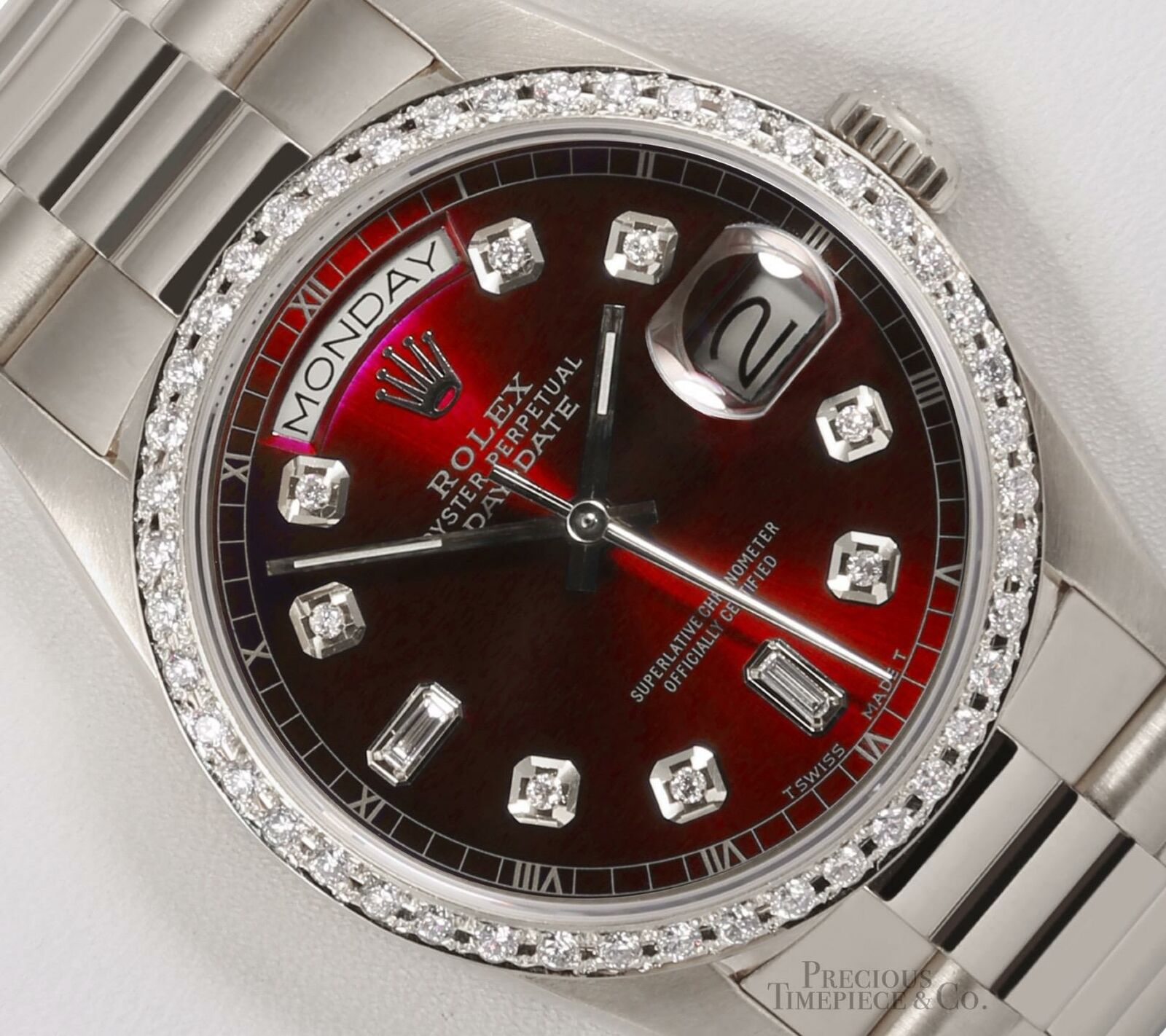 Rolex Day-Date 18239 Presidential 18k White Gold 36mm-Red Dial-Diamond Bezel