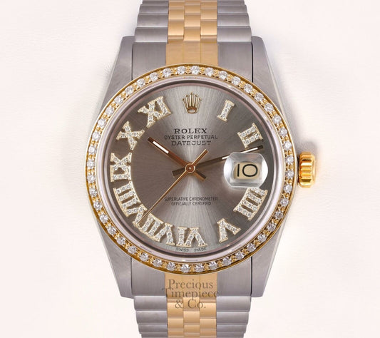 Rolex Datejust 36mm Two Tone 18k & Steel Diamond Bezel Gray Diamond Roman Dial