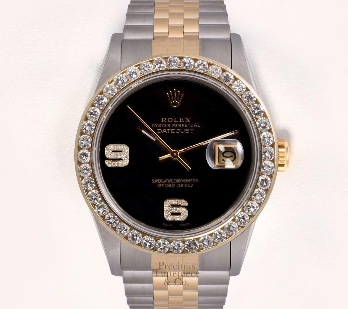 Rolex Datejust 36mm Two Tone 18k Steel-3CT Diamond Bezel-Onyx Diamond 6&9 Dial