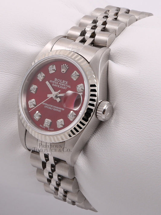 Rolex Ladies Datejust 26mm Stainless Steel 18k Fluted Bezel-Red Diamond Dial