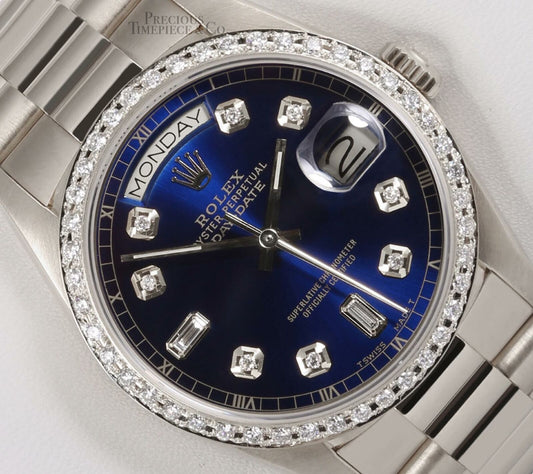 Rolex Day-Date 18239 Presidential 18k White Gold 36mm-Blue Dial-Diamond Bezel