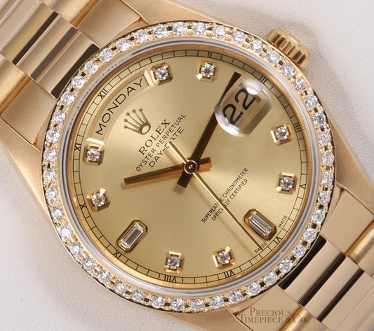 Rolex Day-Date President 18238-Double Quick-Champagne Diamond Dial-Diamond Bezel