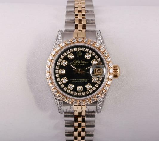 Rolex Lady Datejust 26mm Two Tone-Diamond Lugs-Black Diamond Dial-Diamond Bezel