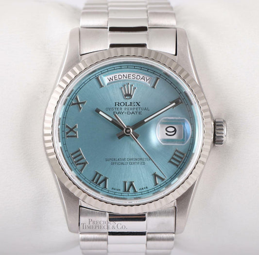 Rolex Mens Day-Date 36mm Presidential 18239 18k White Gold-Ice Blue Roman Dial