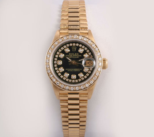 Rolex Lady President 18k Gold 26mm-Black String Diamond Dial-18k Diamond Bezel