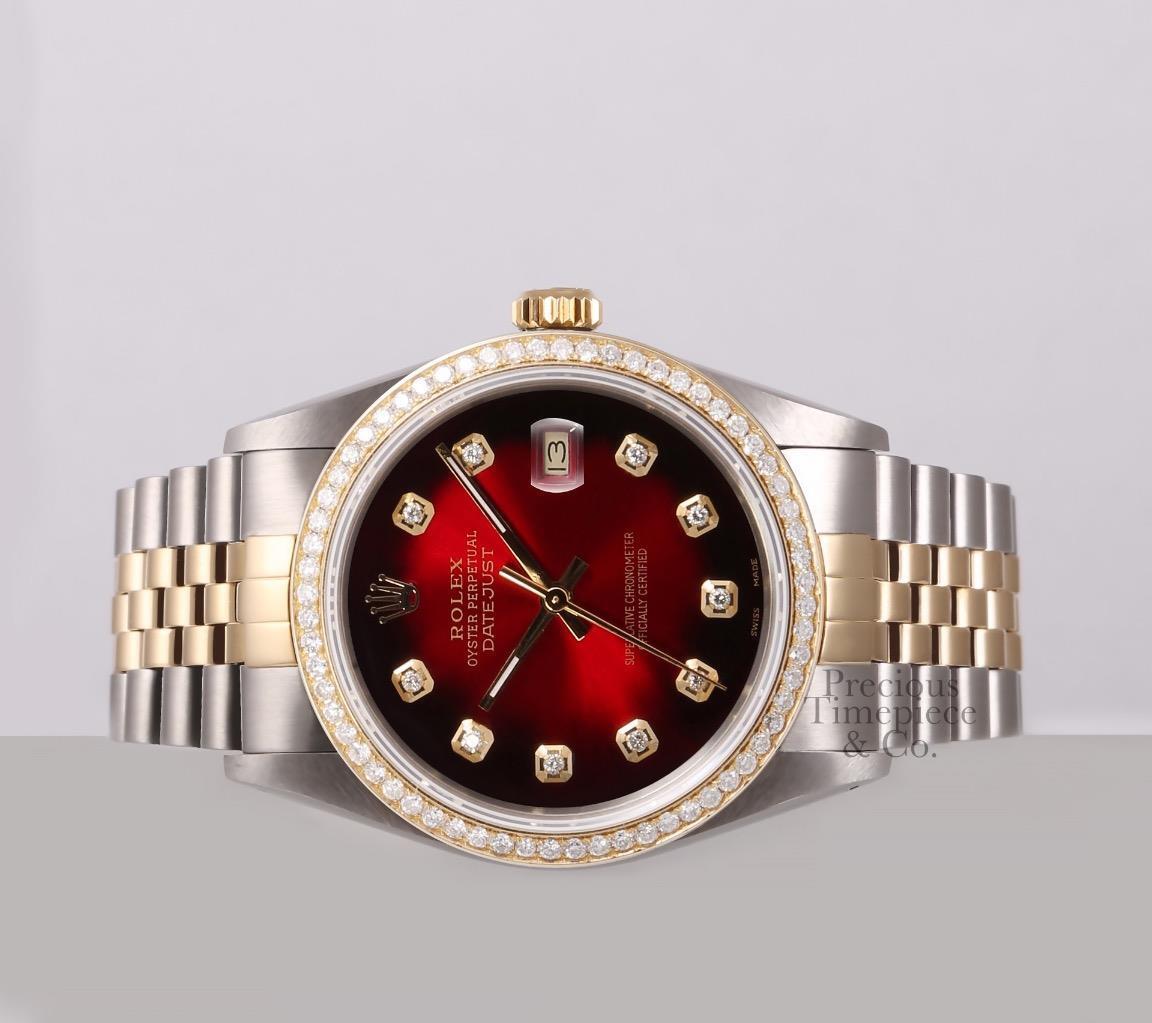 Rolex Datejust Two Tone 36mm Watch-18k Diamond Bezel-Red Vignette Diamond Dial