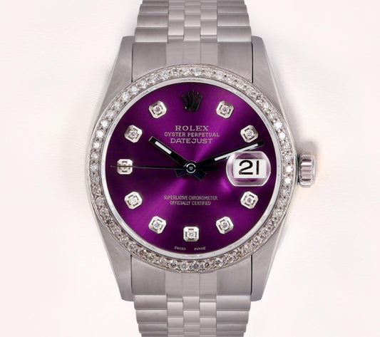 Rolex Datejust Stainless Steel 36mm Watch-Purple Diamond Dial-18k Diamond Bezel