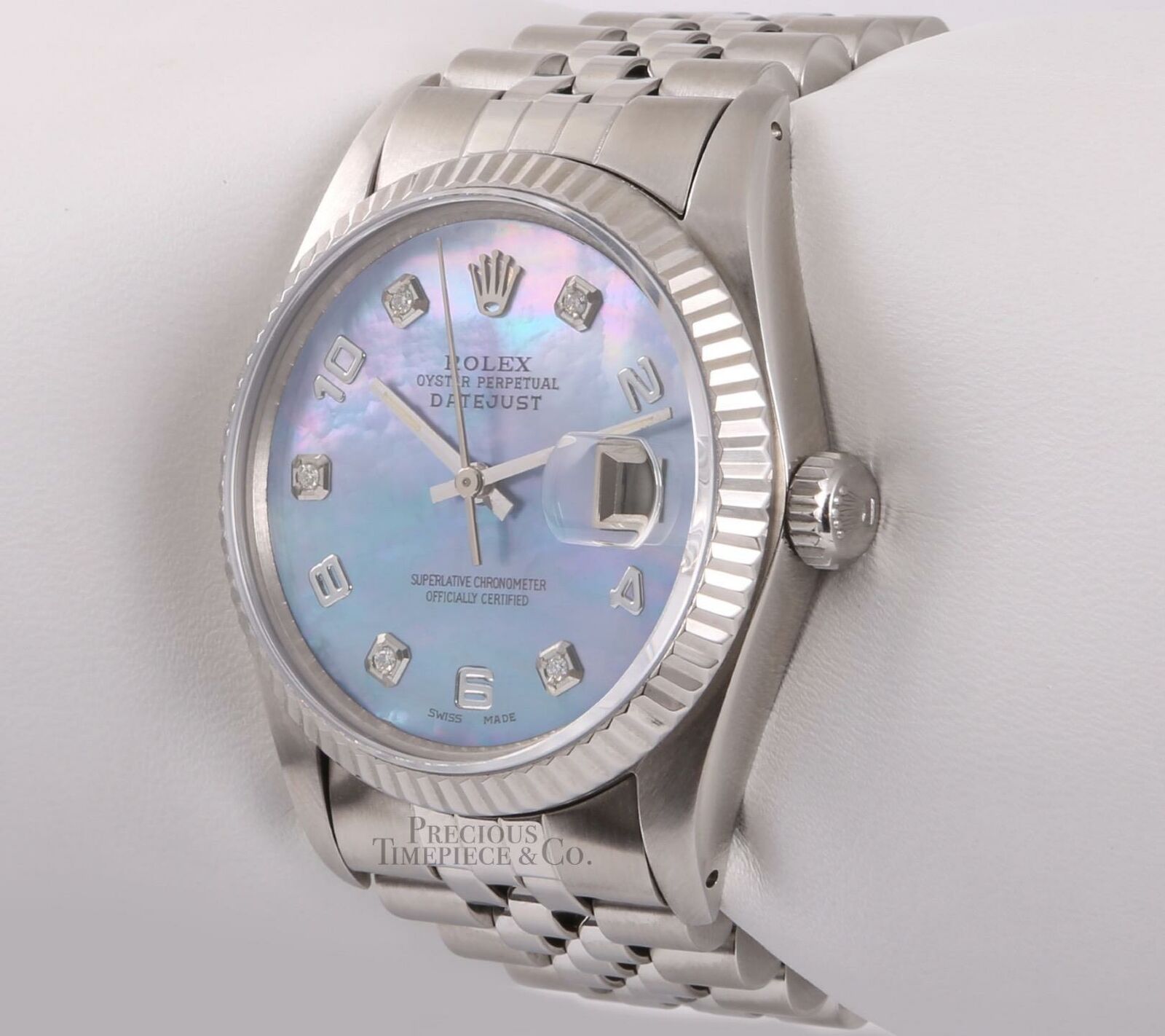 Rolex Mens Datejust Steel 36mm-18k Fluted Bezel-Blue MOP Arab Diamond Dial