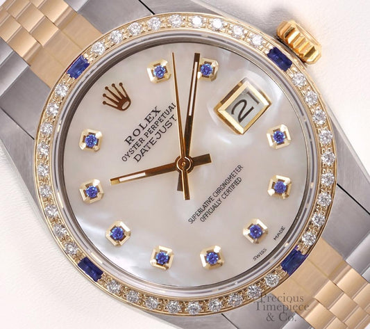 Rolex Men Datejust 36mm Steel 18k Sapphire Diamond Bezel-White MOP Sapphire Dial