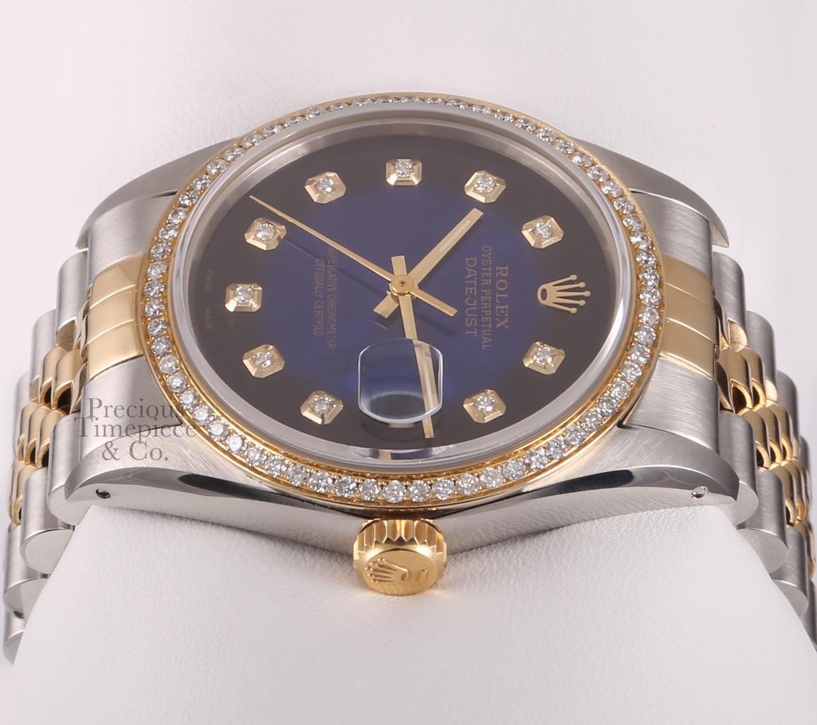 Rolex Datejust Two Tone 36mm Steel 18k Diamond Bezel-Blue Vignette Diamond Dial