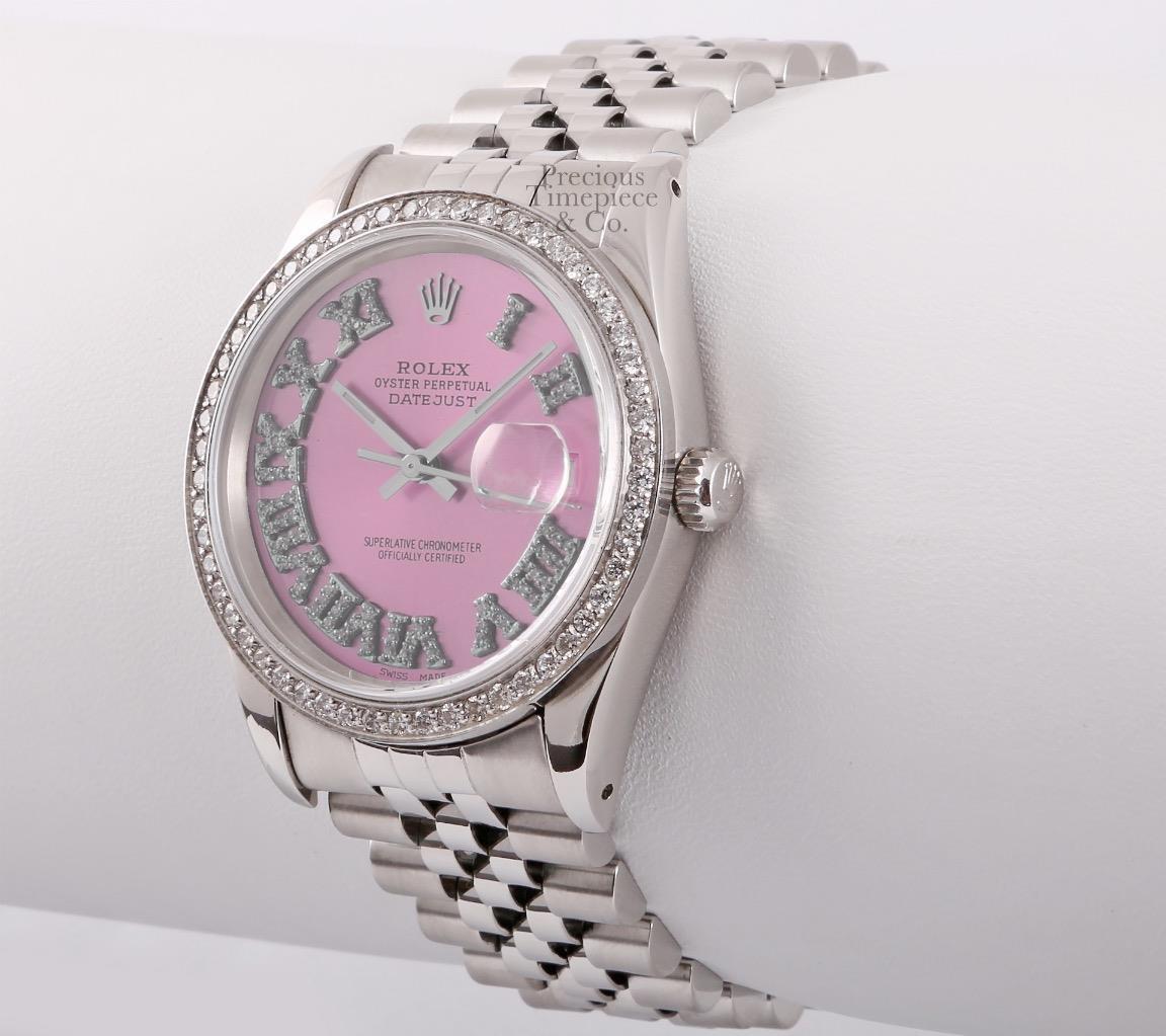 Rolex Datejust Stainless Steel 36mm-Ice Pink Roman Diamond Dial-Diamond Bezel