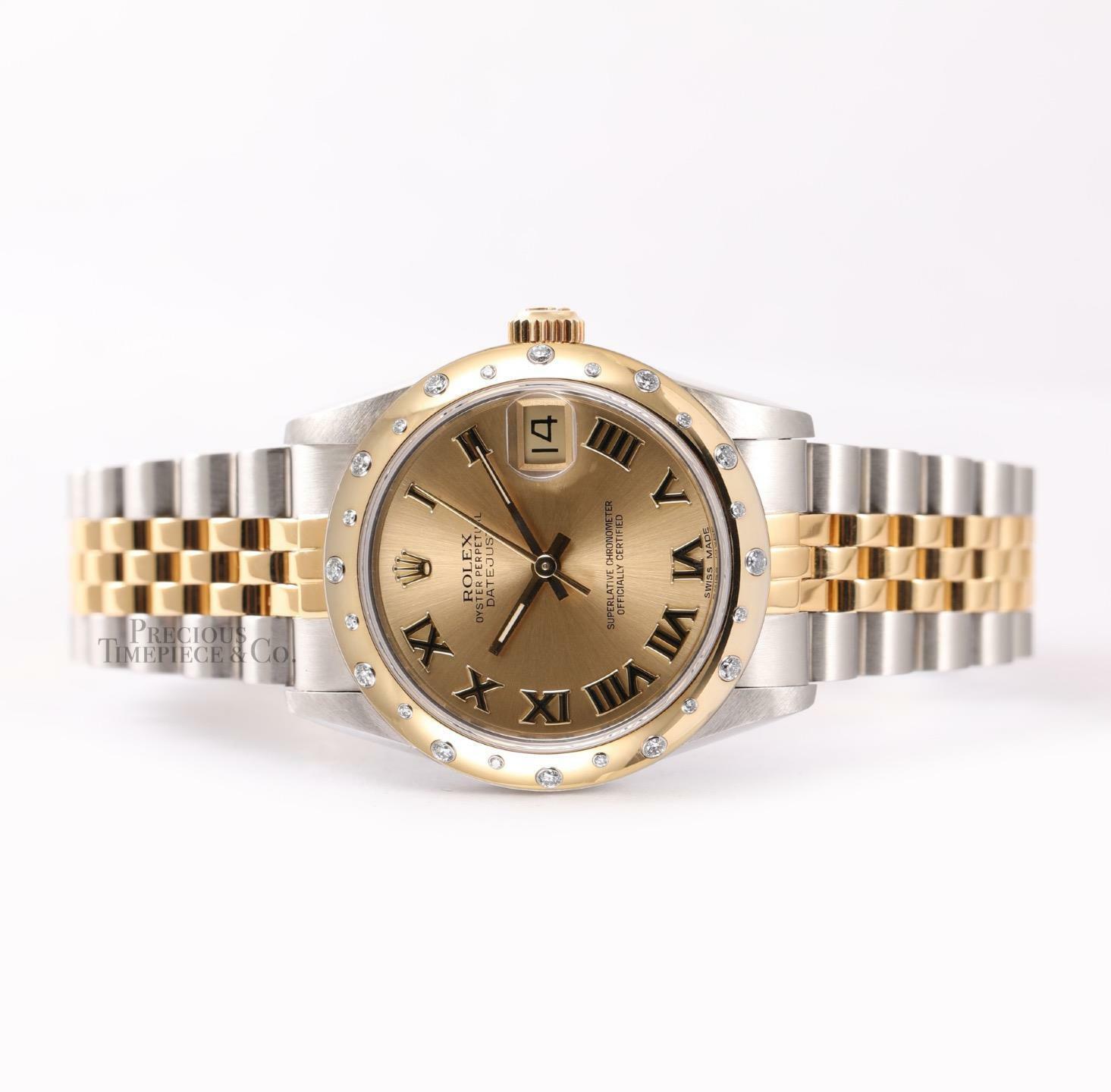 Rolex Datejust 68273 Mid-Size 31mm 18k/SS-Factory Diamond Bezel-Gold Roman Dial