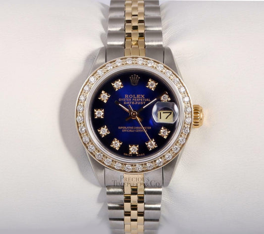 Rolex Lady 26mm Datejust Two Tone 18k-Blue Vignette Diamond Dial-Diamond Bezel